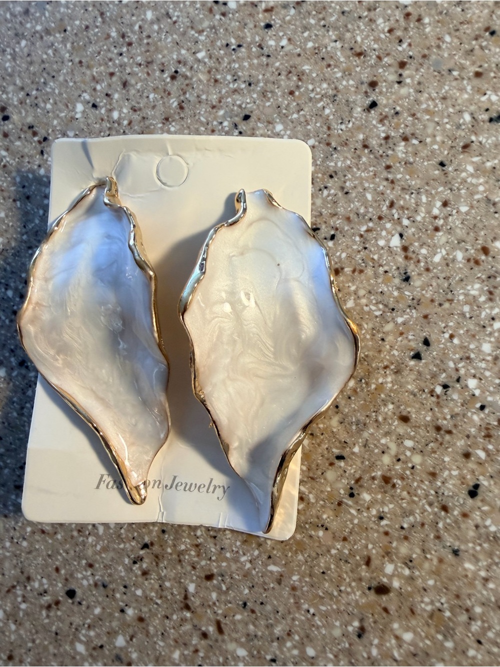 Gold color Trim White Shell style Drop Earrings - Fashion Jewelry - Picture 3 of 5